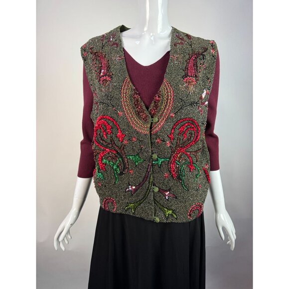 Vintage Other Destinations Hand-Beaded Silk Vest With Floral Embroidery & Rayon - Picture 8 of 16